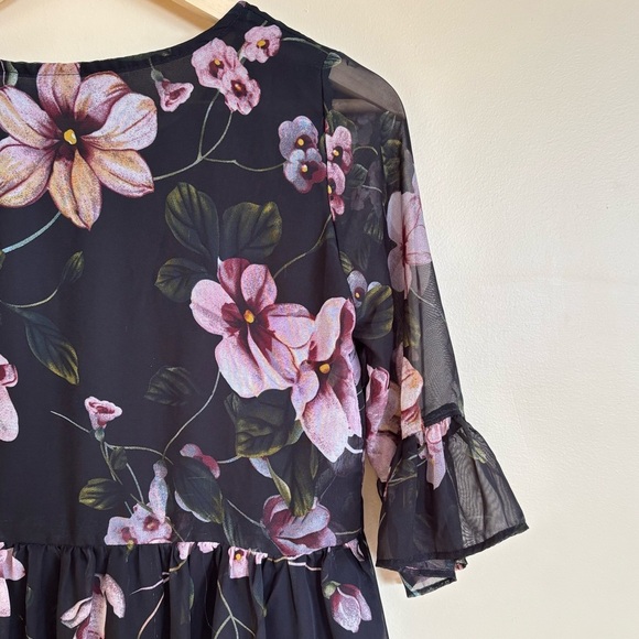 ChenZhou| Navy & Violet Floral Ruffled 3/4 Sleeve Swing Dress Sz M - Picture 4 of 6